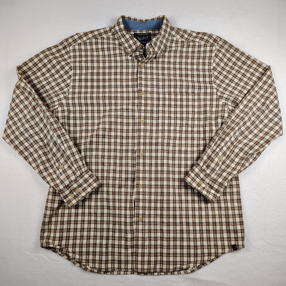 VTG Y2K Woolrich Plaid Cotton Shirt Mens sz Large Brown Blue Casual